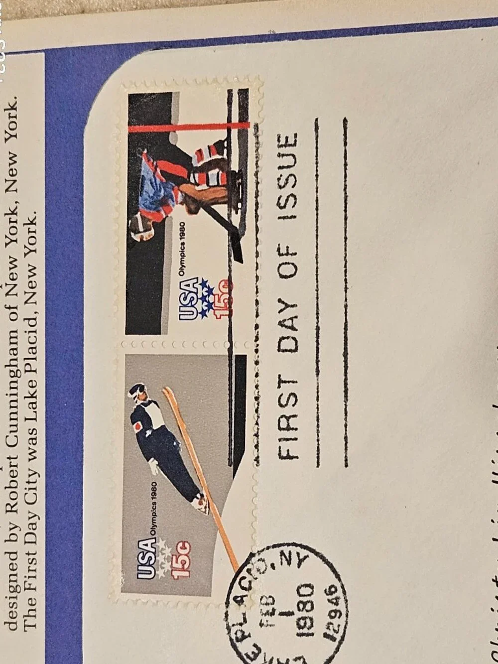 COLLECTIBLE USPS 1ST DAY ISSUE 1980 WINTER OLYMPIC GAMES SKI JUMP HOCKEY STAMP